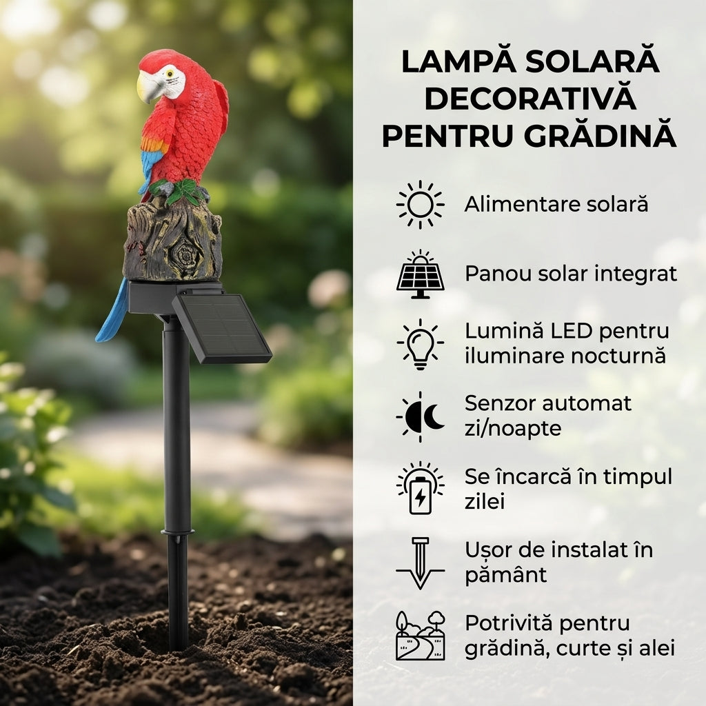 Lampă solară decorativă in formă de papagal