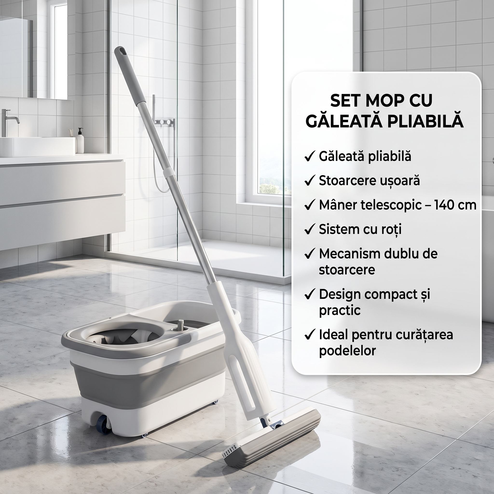 Set mop cu galeată pliabilă si stoarcere usoară